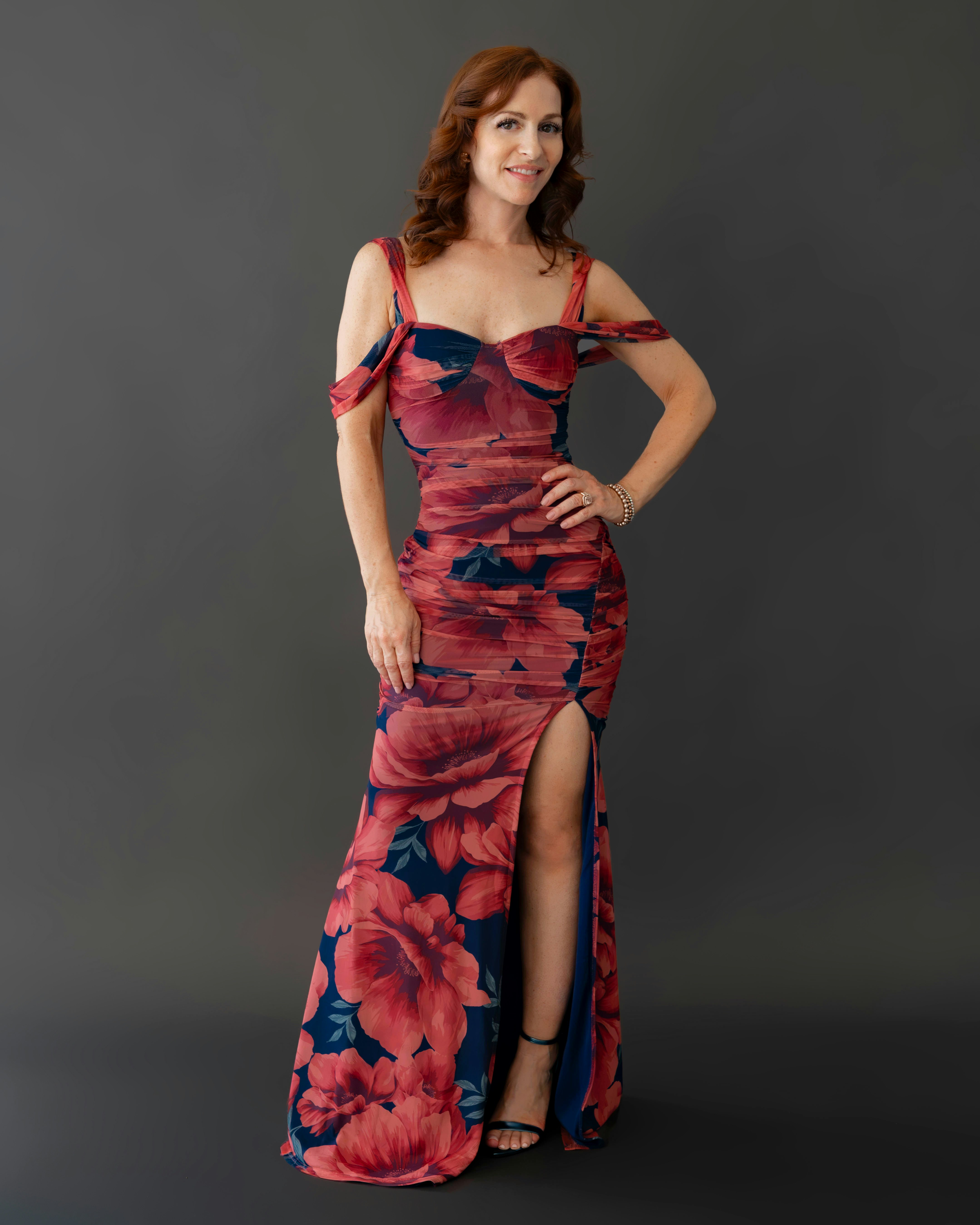 Red and blue floral gown